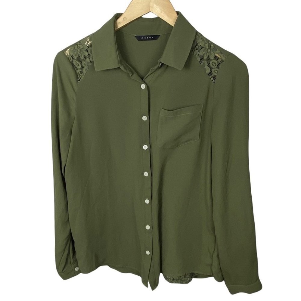 Musak Green Button‎ Down Blouse Lace Shoulders Collared Olive Army Size Medium